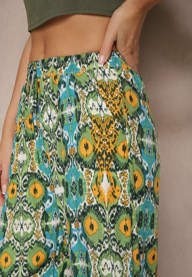 Zielone Bawełniane Spodnie High Waist Szerokie we Wzór Boho Tolioria