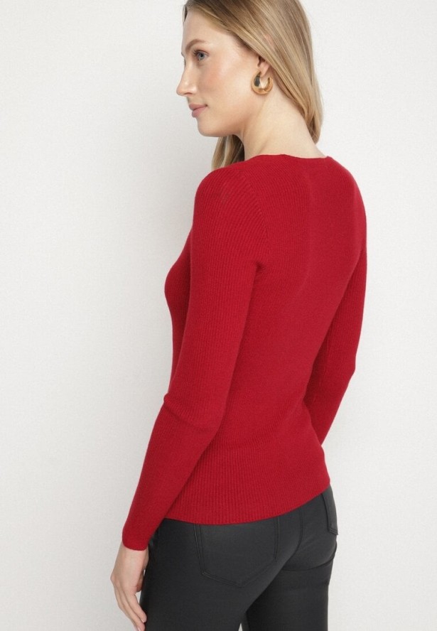 Bordowy Dopasowany Sweter z Prążkowanej Dzianiny z Bawełną z Dekoltem w Serek Tesma