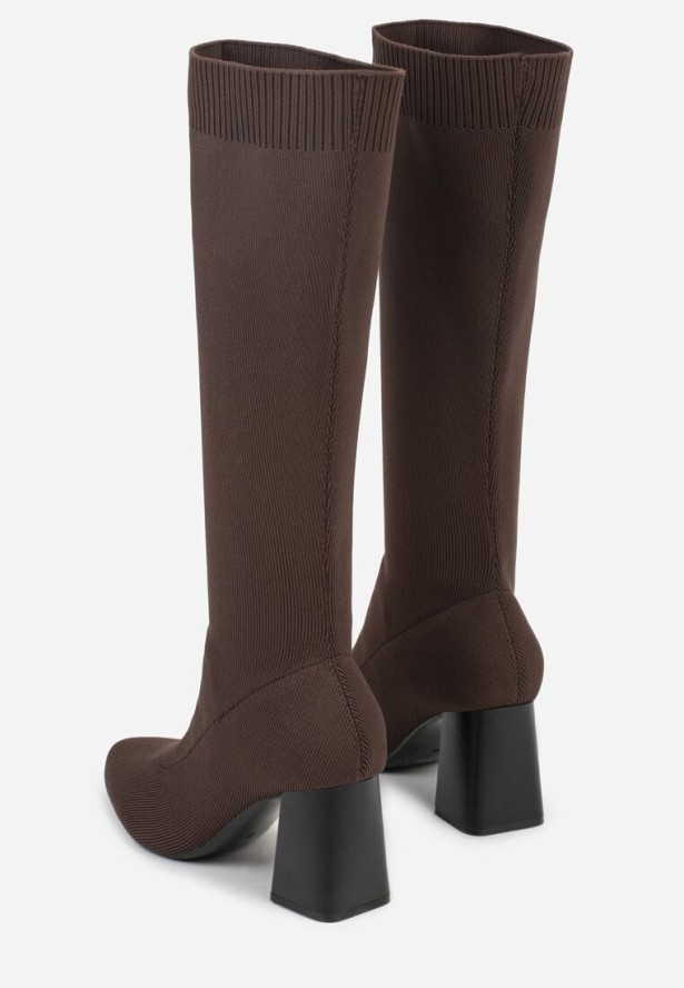 Brązowe Eleganckie Kozaki VICES na Słupku ze Skarpetkową Cholewką Mialles