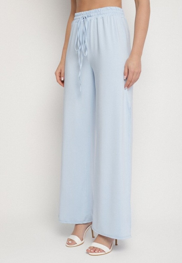 Niebieski Komplet z Wiskozą Top z Wiązaniem i Szerokie Spodnie z Rozcięciami Zirellia