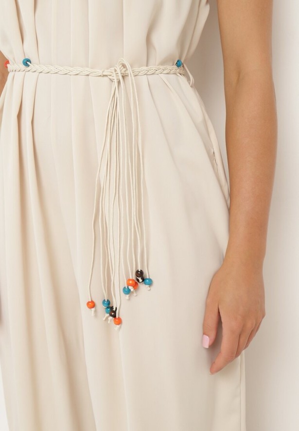 Jasnobeżowy Kombinezon na Cienkich Regulowanych Ramiączkach ze Ściągaczem w Talii Huetta