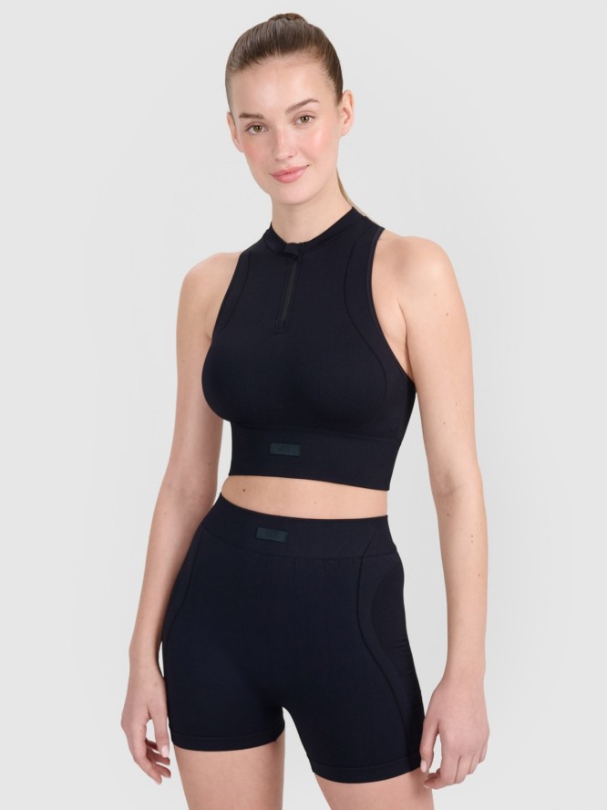 4F Crop-top treningowy slim bezszwowy damski - czarny XS/S