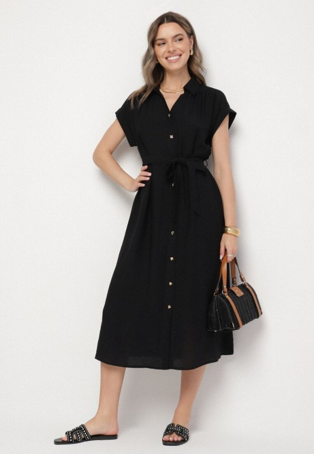 Czarna Wiskozowa Sukienka Koszulowa z Paskiem Rinaruna