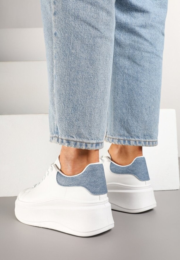 Biało-Niebieskie Sznurowane Sneakersy na Niskiej Platformie z Imitacji Skóry Ajanfa