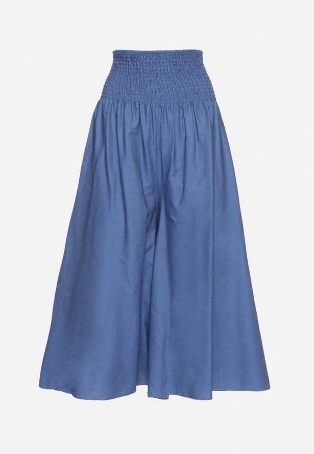 Jasnoniebieskie Bawełniane Szerokie Spodnie Kuloty z Wysokim Stanem i Gumką w Pasie Rafea