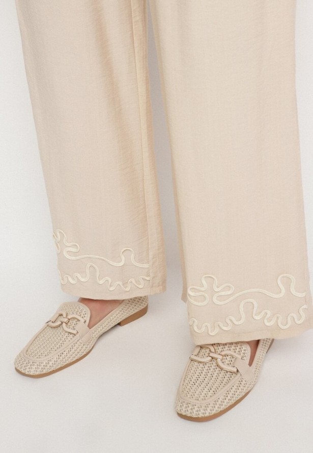 Jasnobeżowe Szerokie Spodnie z Wiskozy z Lnem Ozdobione Przeszyciami Fenerisa