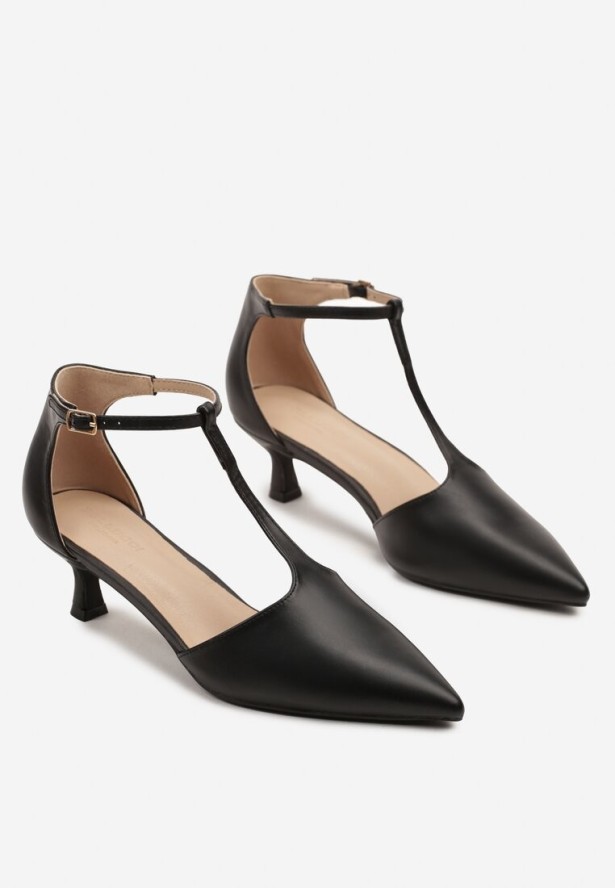 Czarne Czółenka na Obcasie Typu Kaczuszka z Ozdobnym Paskiem Ollio