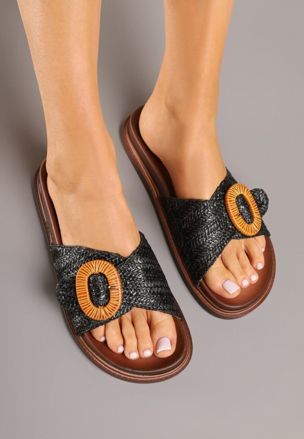 Czarne Klapki z Plecionki z Klamrą Claralora