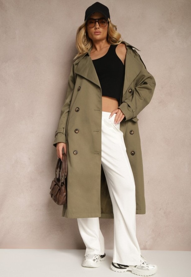 Zielony Oversizowy Płaszcz Trencz o Dwurzędowym Kroju z Paskiem Darinella