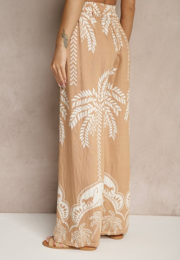 Ciemnobeżowe Spodnie z Wiskozy o Szerokim Kroju High Waist z Palmami Varritia