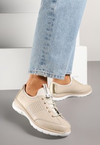Ciemnobeżowe Sneakersy ze Skóry Naturalnej z Perforacją Morozi