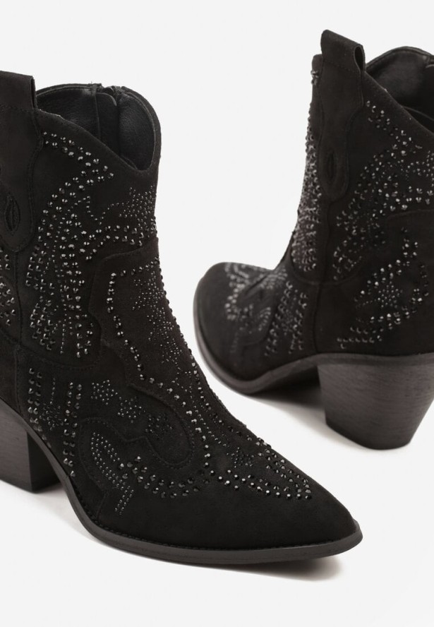 Czarne Botki Kowbojki na Stożkowym Obcasie z Cyrkoniami Tullane