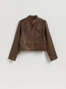 Skórzana kurtka ze stójką - brązowy