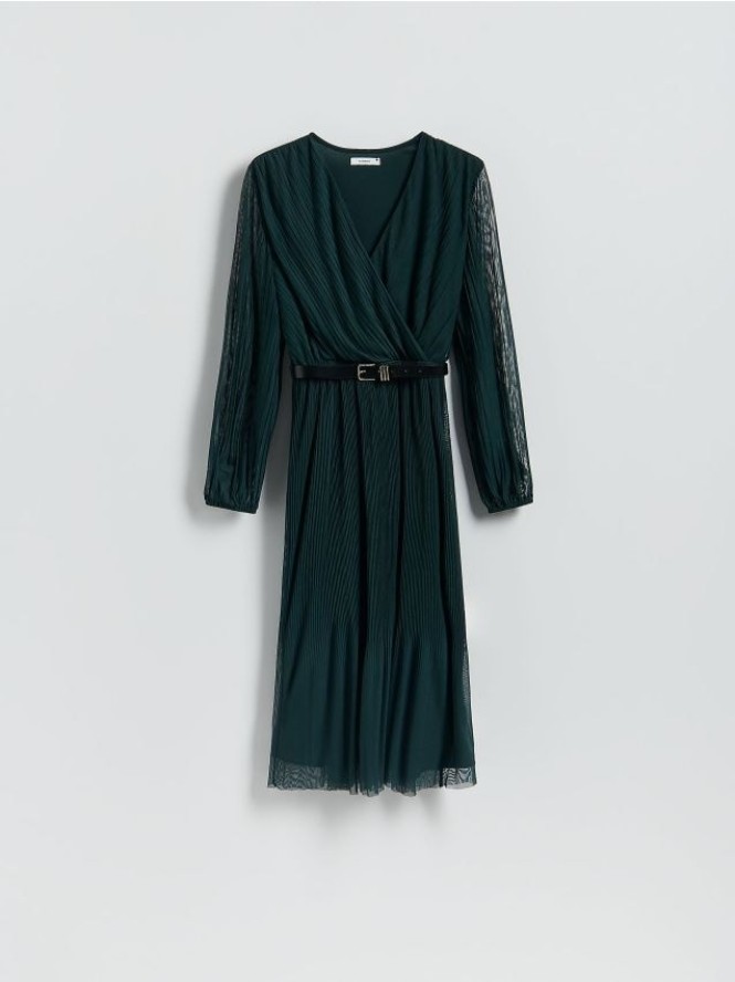 Plisowana sukienka z paskiem - morski