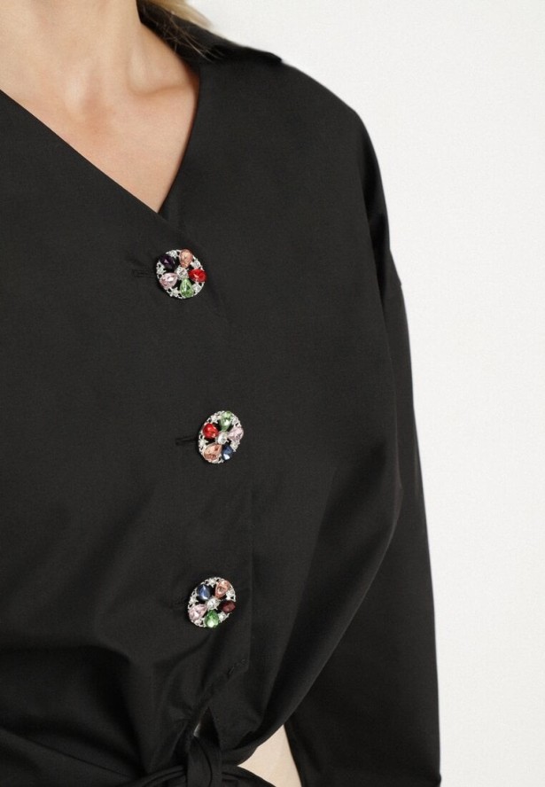 Czarna Bawełniana Koszula o Krótkim Kroju z Wiązaniem i Ozdobnymi Guzikami Lililva