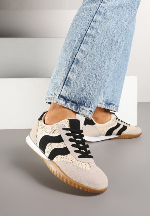 Beżowo-Czarne Sneakersy Ozdobione Plecionką z Rafii Wiloria