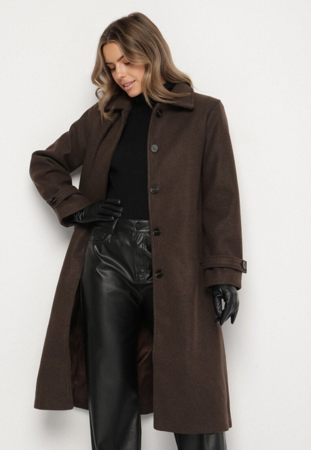 Brązowy Jednorzędowy Płaszcz z Wełną i Wiskozą w Stylu Trencza Lutila