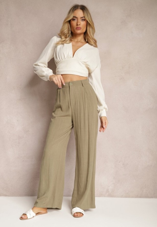 Ciemnozielone Szerokie Spodnie High Waist z Lnu i Wiskozy Apoises