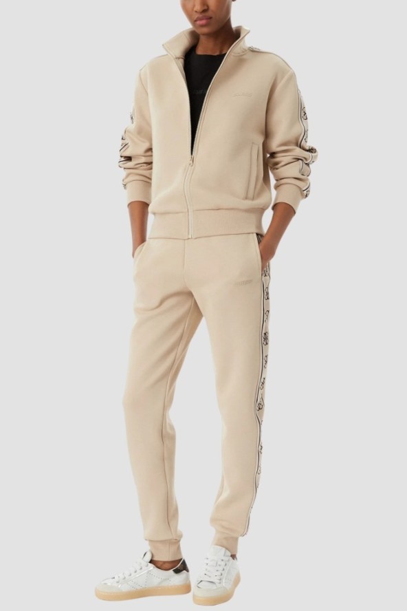 GUESS Beżowe damskie spodnie dresowe z lampasami Britney Jogger, Rozmiar M