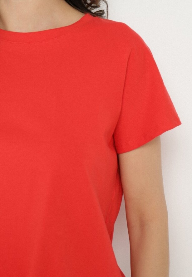 Czerwony T-shirt z Bawełny z Ozdobnym Wiązaniem Sunitra