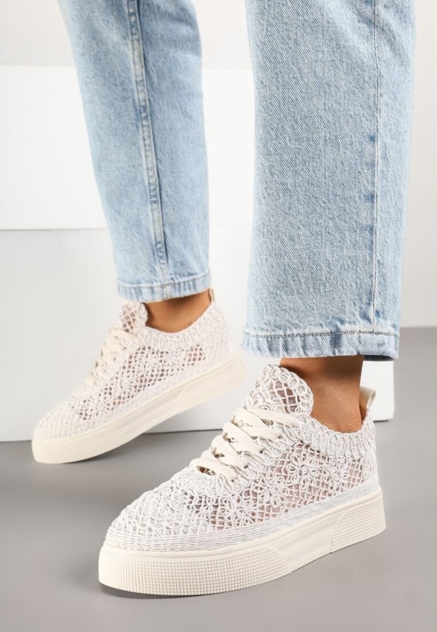 Beżowe Koronkowe Sneakersy na Niskiej Platformie Nanalisea