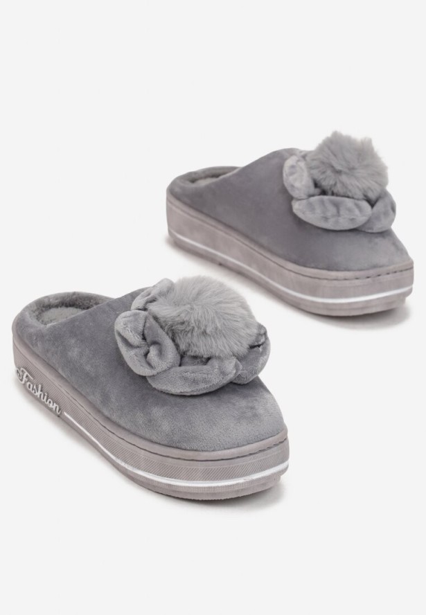 Szare Kapcie na Platformie z Pomponem Conine