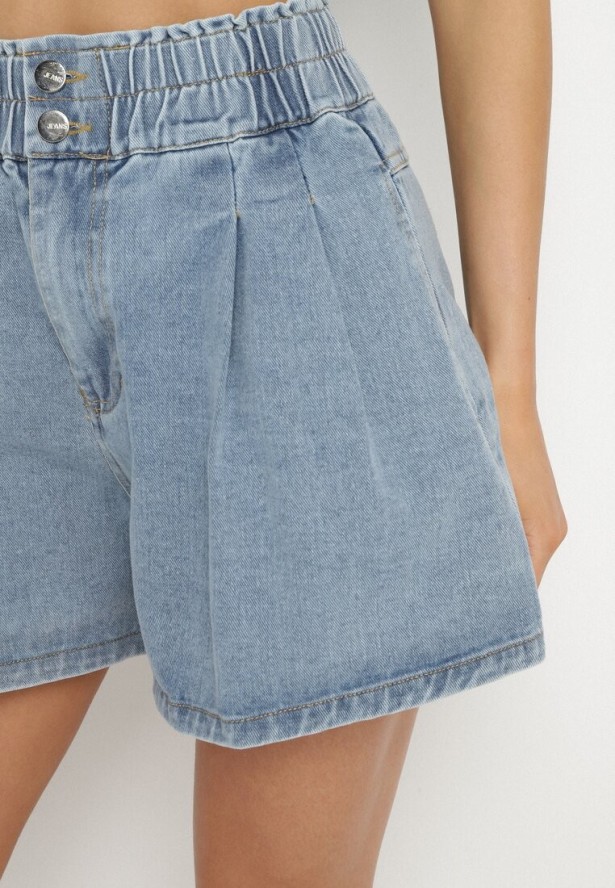 Niebieskie Szorty Jeansowe z Szeroką Nogawka i Wysokim Stanem Rinestra