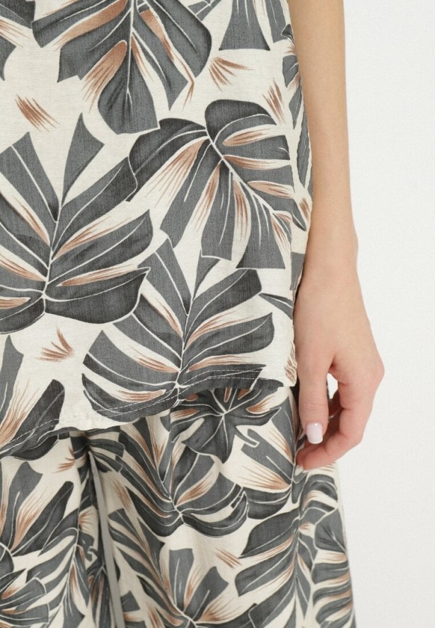 Szary Wiskozowy Komplet z Motywem Roślinnym Szerokie Spodnie i T-shirt Evianira