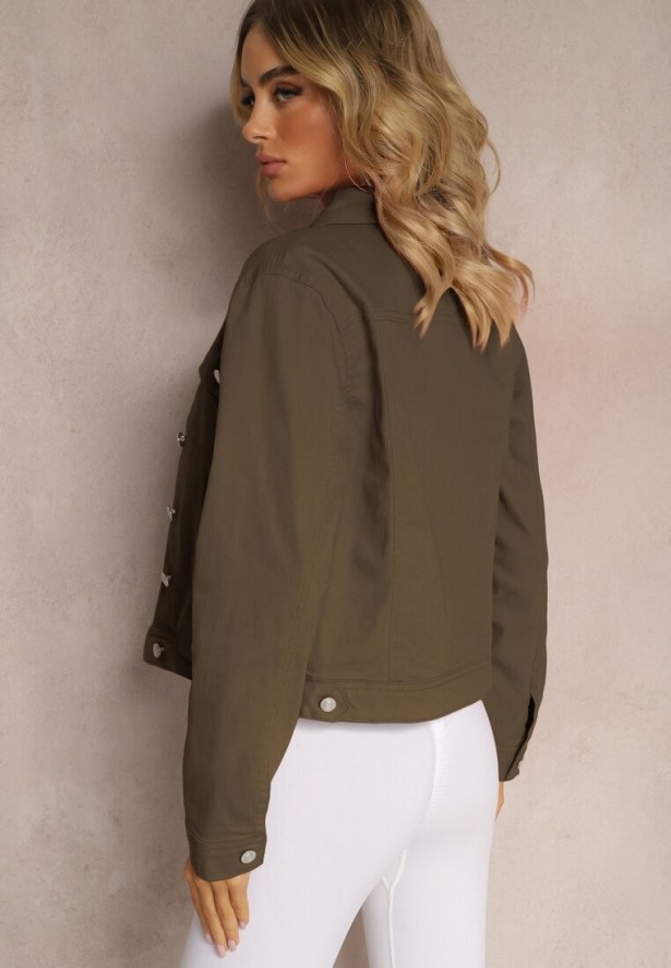 Ciemnozielona Jeansowa Kurtka z Bawełny z Guzikami i Kieszeniami Ainztia