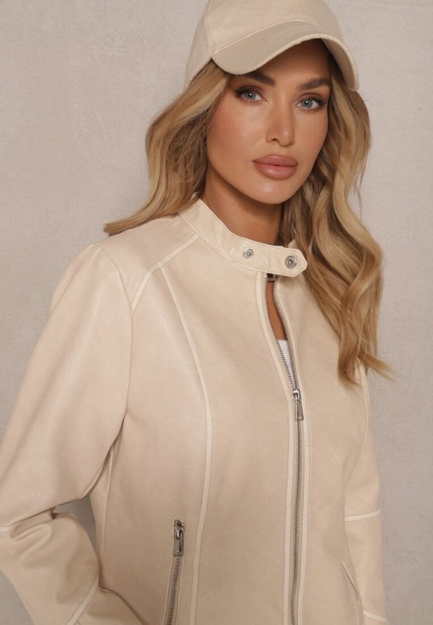 Beżowa Kurtka w Stylu Ramoneski z Ozdobnymi Paskiem i Suwakami Idivane