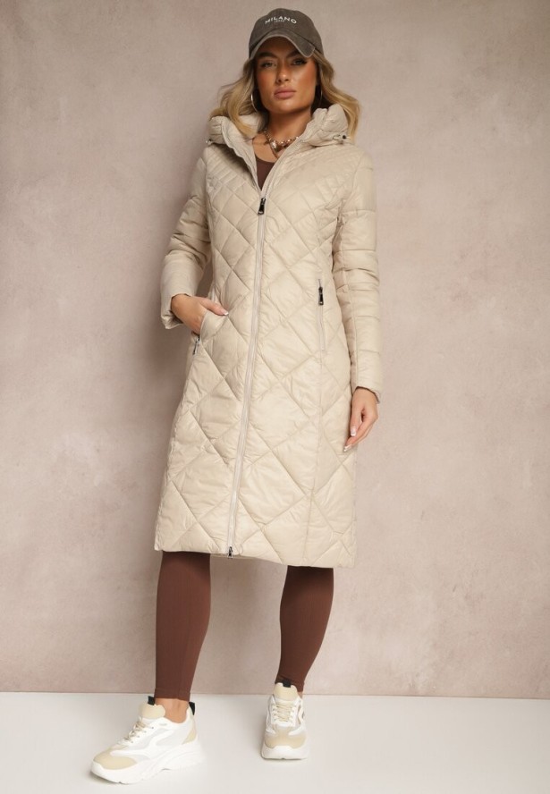 Beżowa Kurtka Pikowana o Długim Kroju z Kapturem Erivana