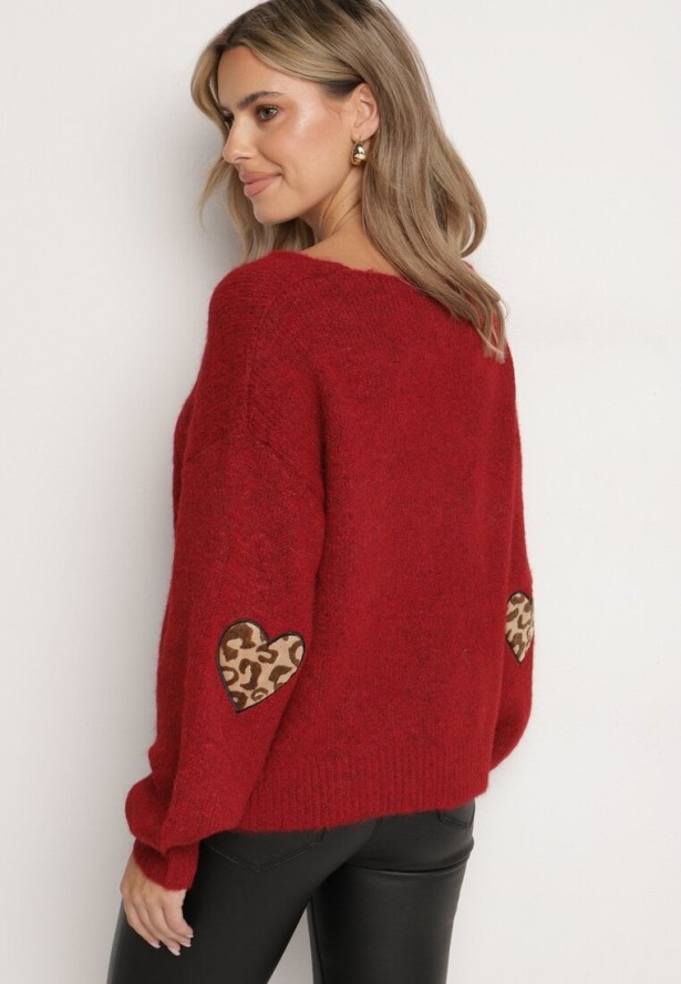 Bordowy Sweter z Wełną i Ozdobnymi Naszywkami na Łokciach Norethra