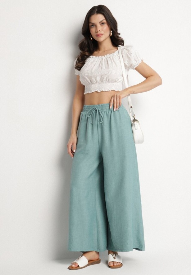 Miętowe Spodnie o Szerokim Kroju z Wysokim Stanem i Wiązaniem Telarieta