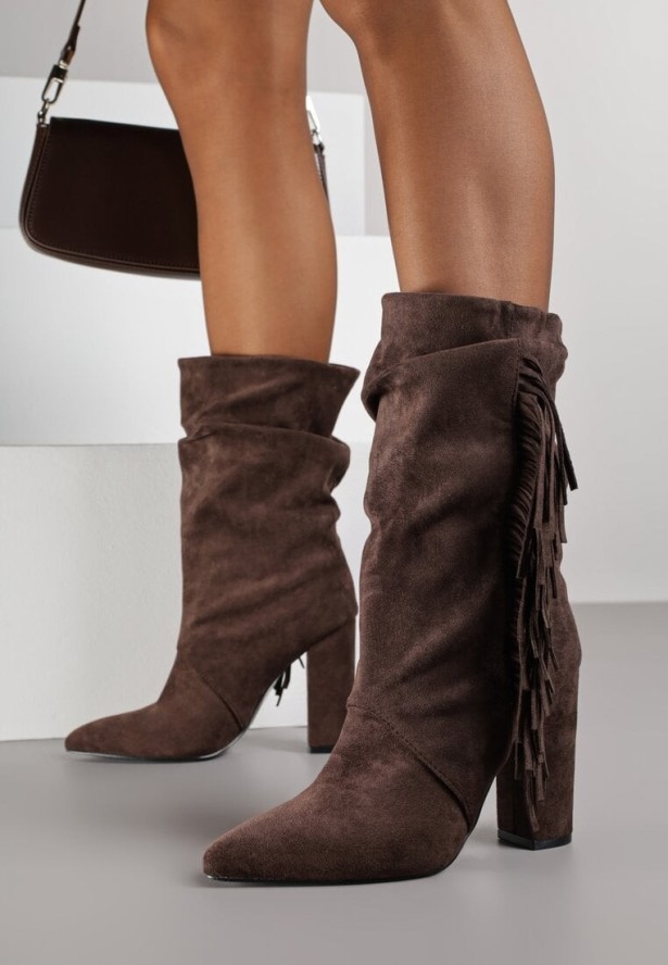 Brązowe Botki w Stylu Kowbojek na Obcasie Ozdobione Frędzlami Reitania