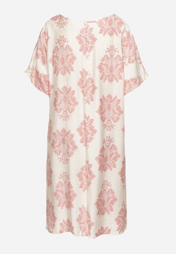 Różowa Pudełkowa Sukienka z Wiskozy Ozdobiona Geometrycznym Wzorem Emilavie