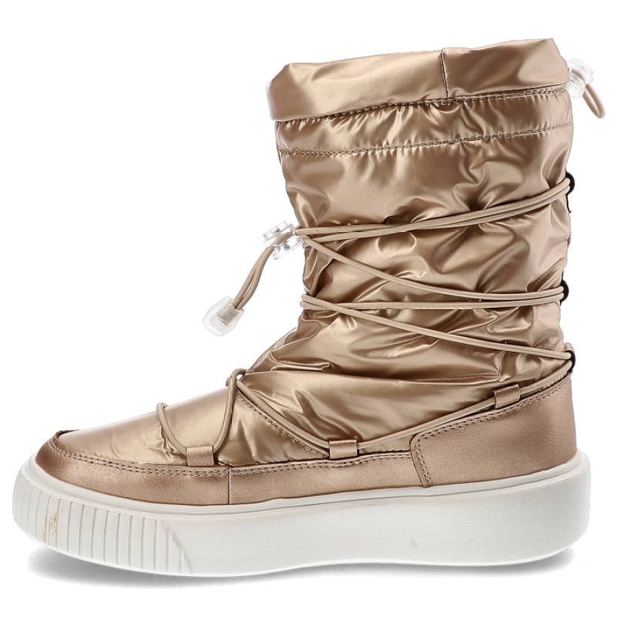 Śniegowce damskie Big Star, z połączenia materiału tekstylnego i syntetycznego z pikowaną metaliczną cholewką regulowanym sznurowaniem, beżowe, KK274