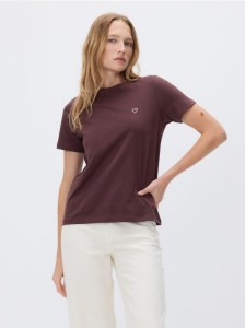 T-shirt regular z drobnym haftem - ciemnobrązowy