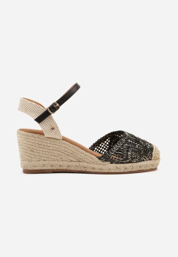 Czarne Ażurowe Sandały w Stylu Boho na Koturnie z Plecionki Tenalisea