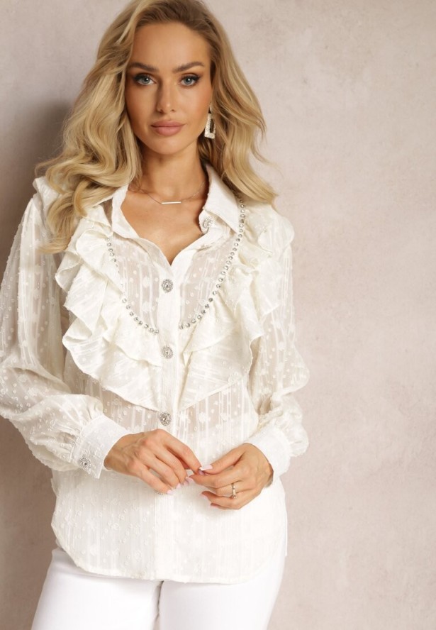 Jasnobeżowa Koszula Plumeti z Falbanką i Metaliczną Nitką Eutria