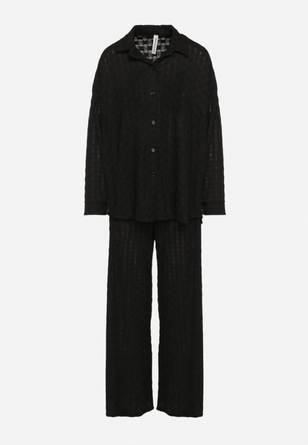 Czarny Komplet z Tkaniny Strukturalnej Koszula i Spodnie z Gumką w Pasie Saccaria