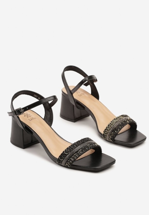 Czarne Sandały na Słupku z Plecionką Clesandra