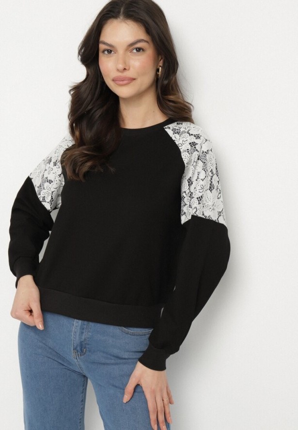 Czarna Bluza z Bawełną Ozdobiona Koronką Elanorea