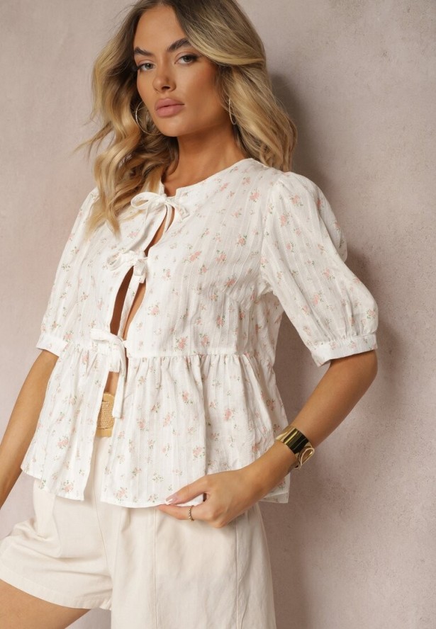 Beżowa Bluzka z Bawełny z Krótkim Rękawem i Ozdobnymi Wiązaniami z Przodu Rinsara