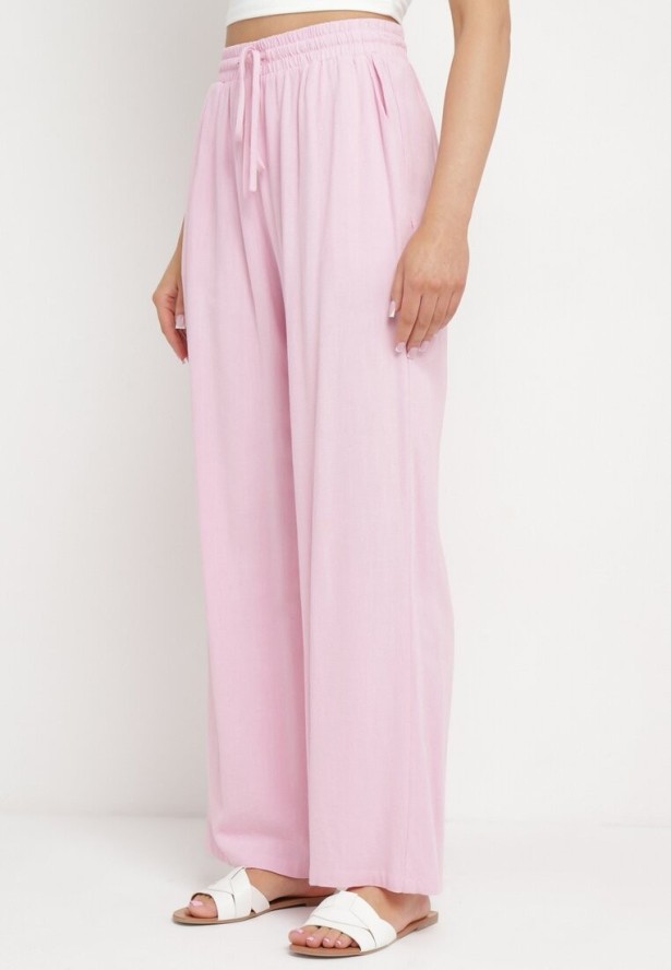 Różowe Wiskozowe Spodnie z Lnem o Szerokich Nogawkach Almaris