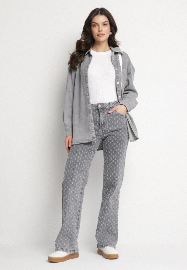 Szare Szerokie Jeansy z Wysokim Stanem Zdobione Tłoczonymi Przetarciami Ulindra