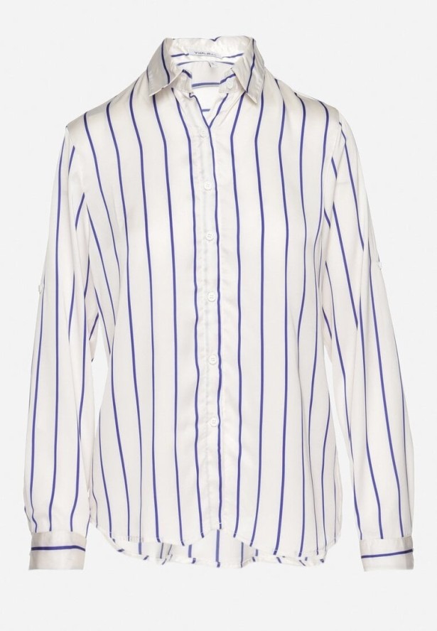 Biało-Niebieska Koszula w Delikatne Paski z Podpinanymi Rękawami Berraza