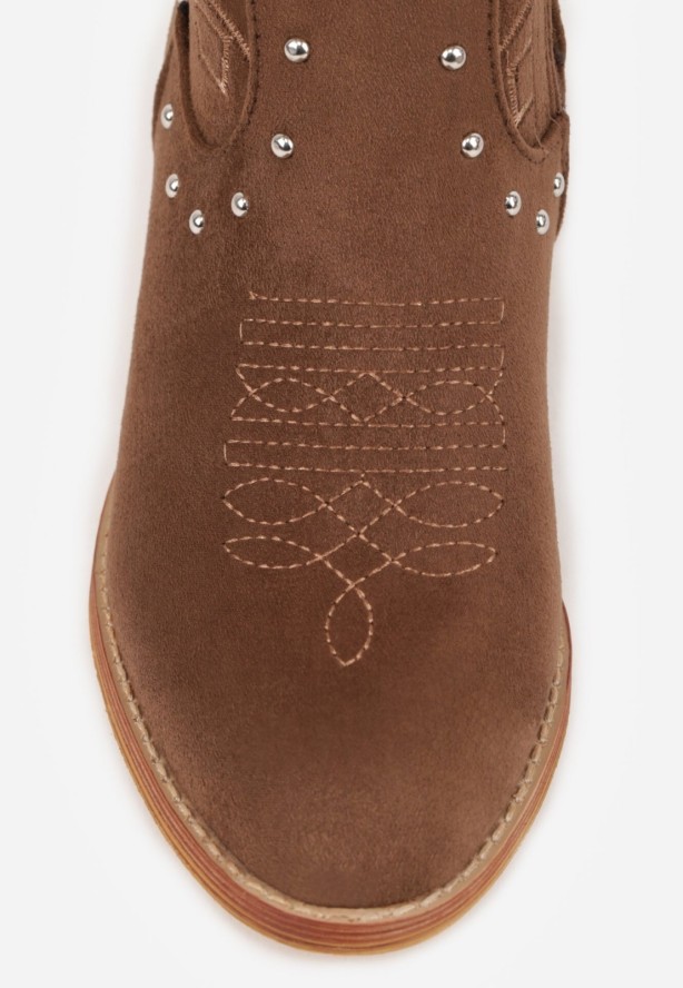 Brązowe Botki Kowbojki VICES na Obcasie z Ażurową Cholewką z Nitami Rienatea