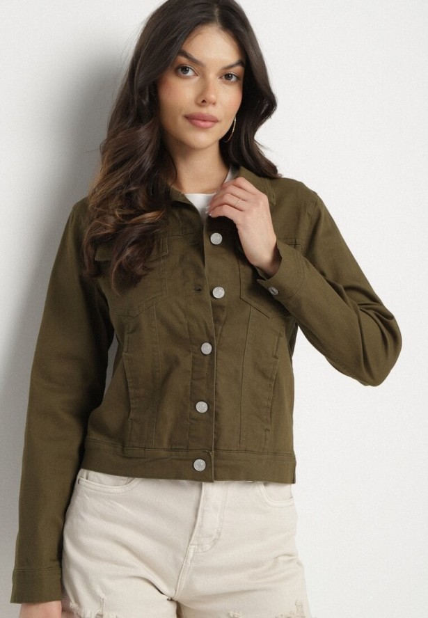 Ciemnozielona Bawełniana Kurtka Jeansowa Zapinana na Metalowe Guziki Auratia