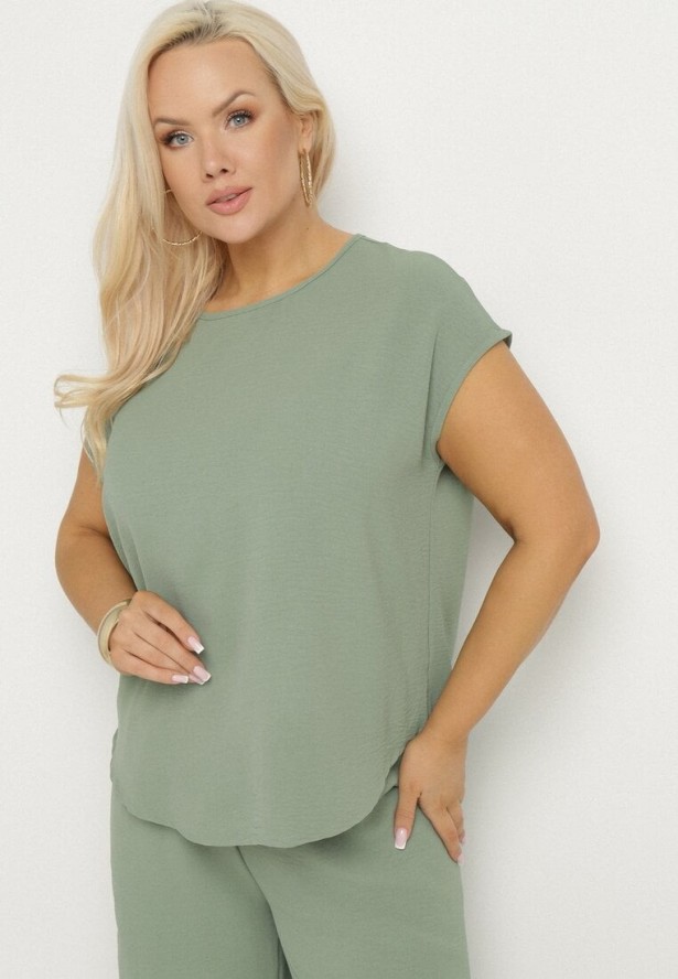 Jasnozielony Komplet Bluzka i Szerokie Spodnie Jenoretia