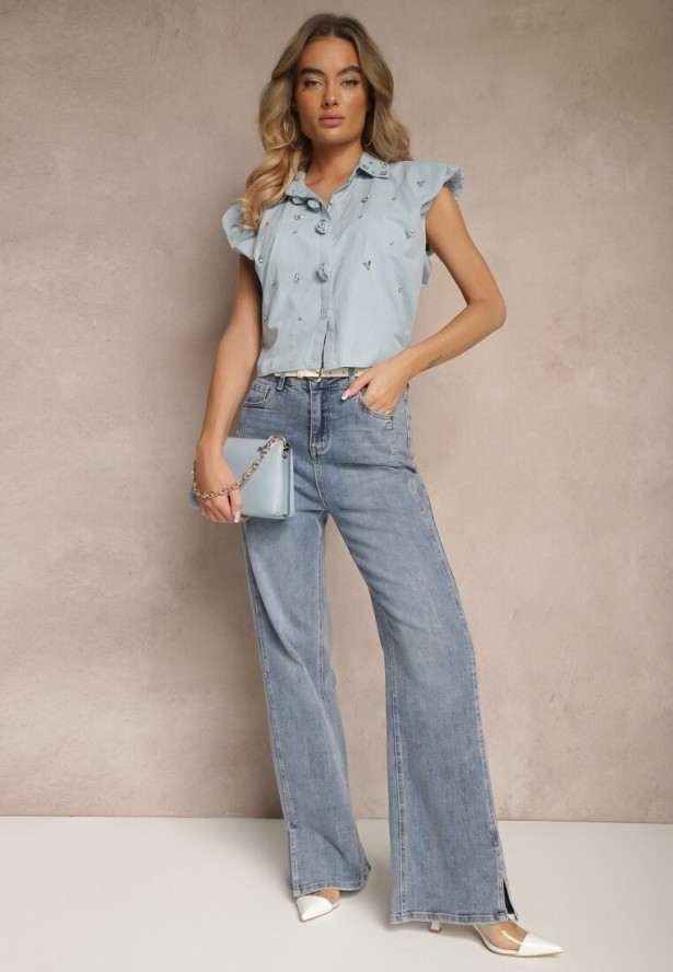 Niebieska Koszula z Bawełny Ozdobiona Cyrkoniami bez Rękawów Melseki